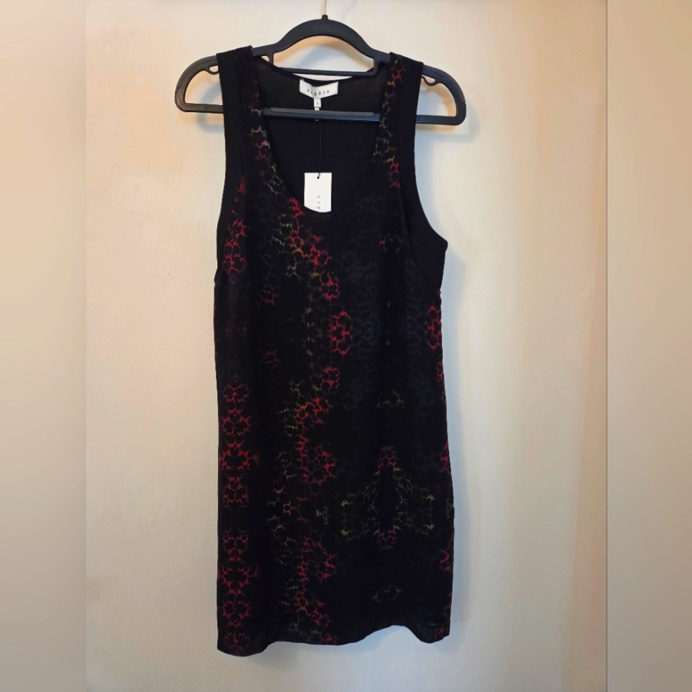 NWT. Sandro Black Sleeveless Shift Dress with Red and Green Floral Motif
